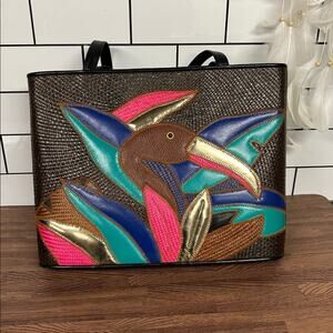 Vintage Desenyo Buntal Woven Patchwork Tote Bag Flamingo Tropical Resort Beach